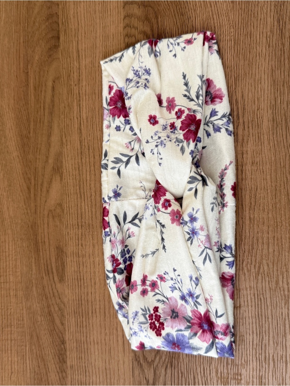 Cream Floral Twist Headband with Pink & Purple Blossoms
